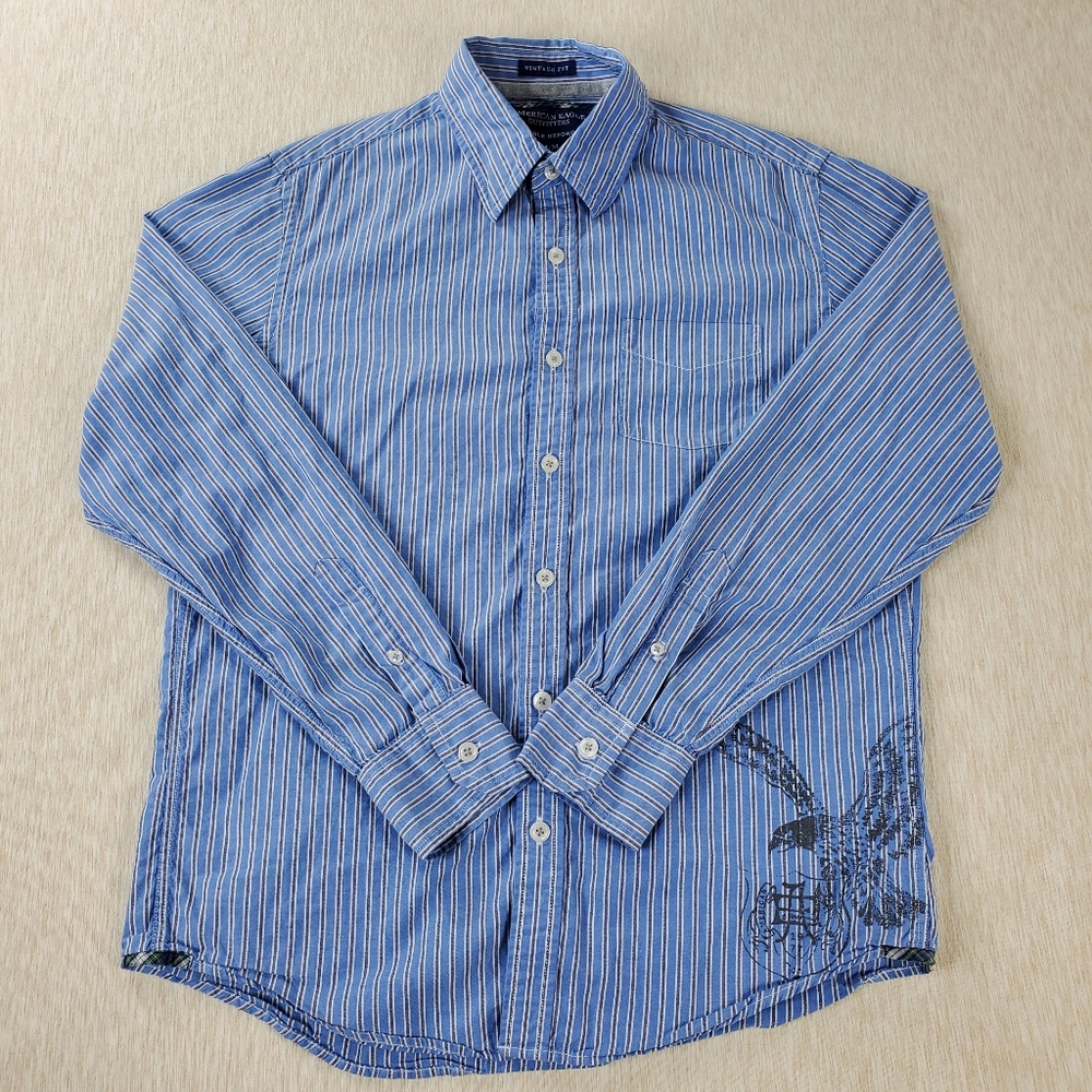 American Eagle Shirt Men's Medium Blue & Gray Stripe Long Sleeve Eagle Design